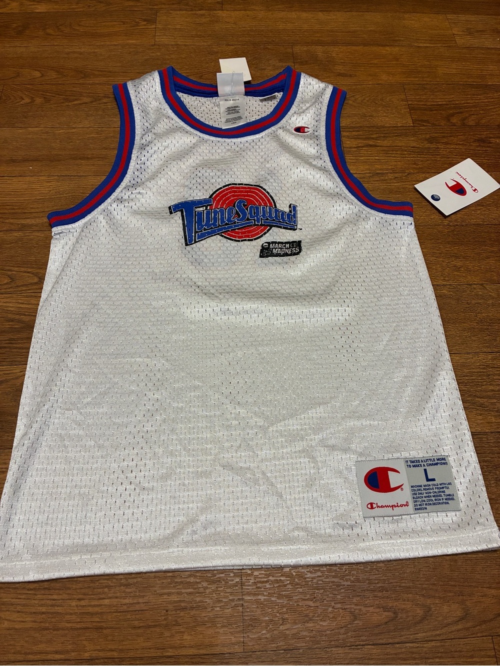 Champion Kid’s White Tune Squad Mesh Jersey with Blue & Red Trim Size Large NWT